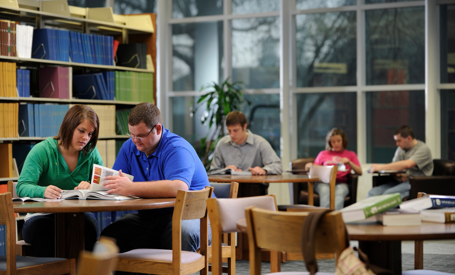 A group of sudents sitting in a library and reading